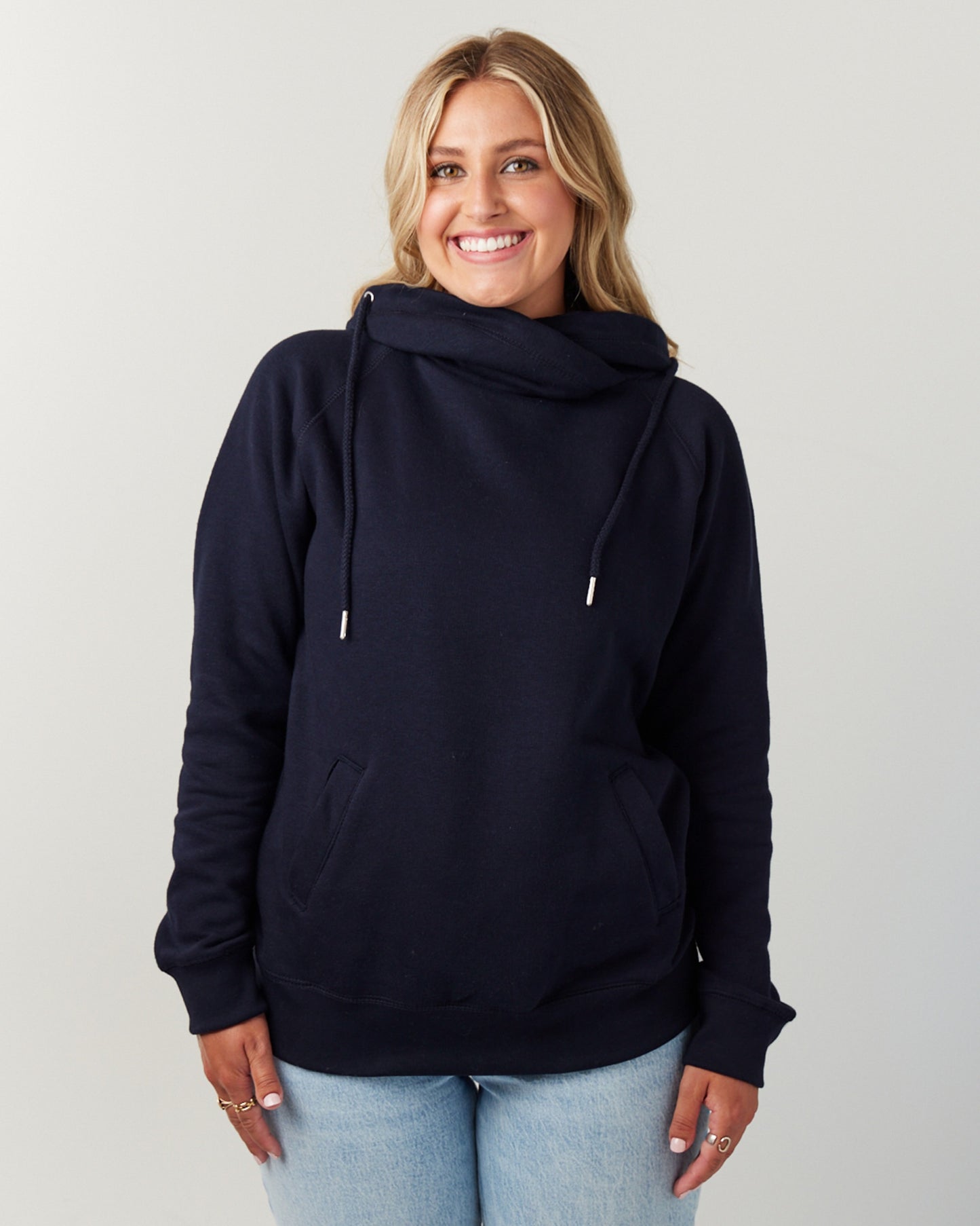 Ladies Classic Fleece Funnel Neck Pullover Hood Navy