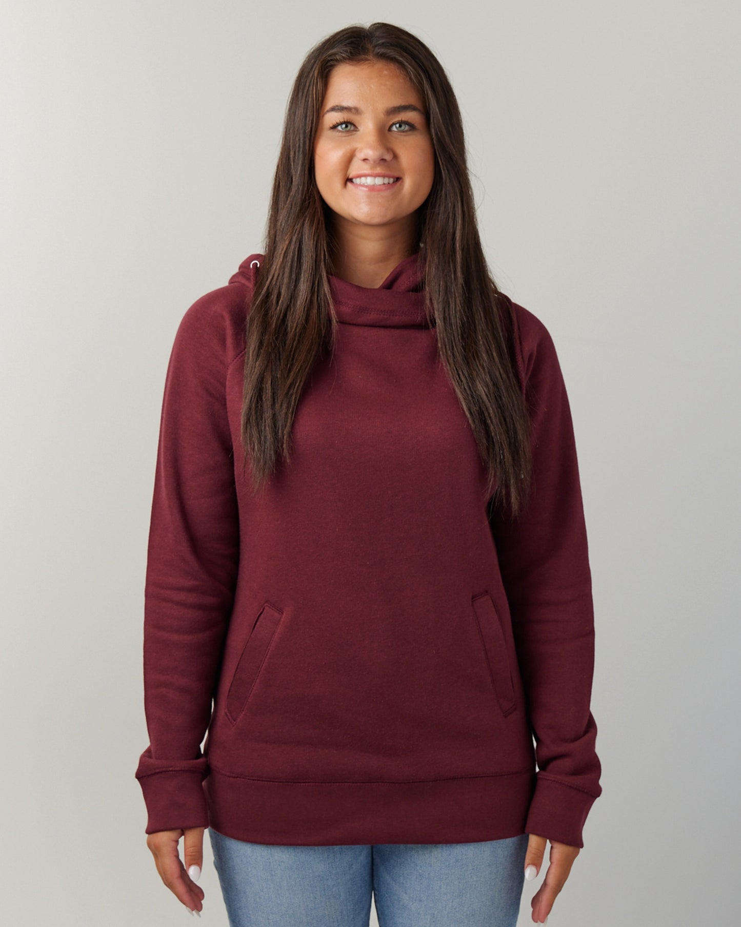 Ladies Classic Fleece Funnel Neck Pullover Hood Maroon