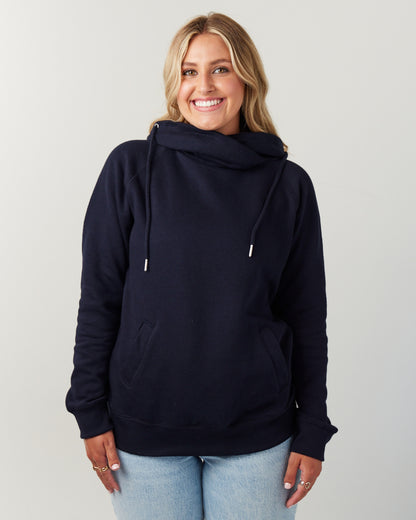 Ladies Classic Fleece Funnel Neck Pullover Hood Navy